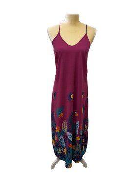 Old Navy Maxi Dress Magenta Tropical Hem Spaghetti Strap Poly/Viscose Women's L